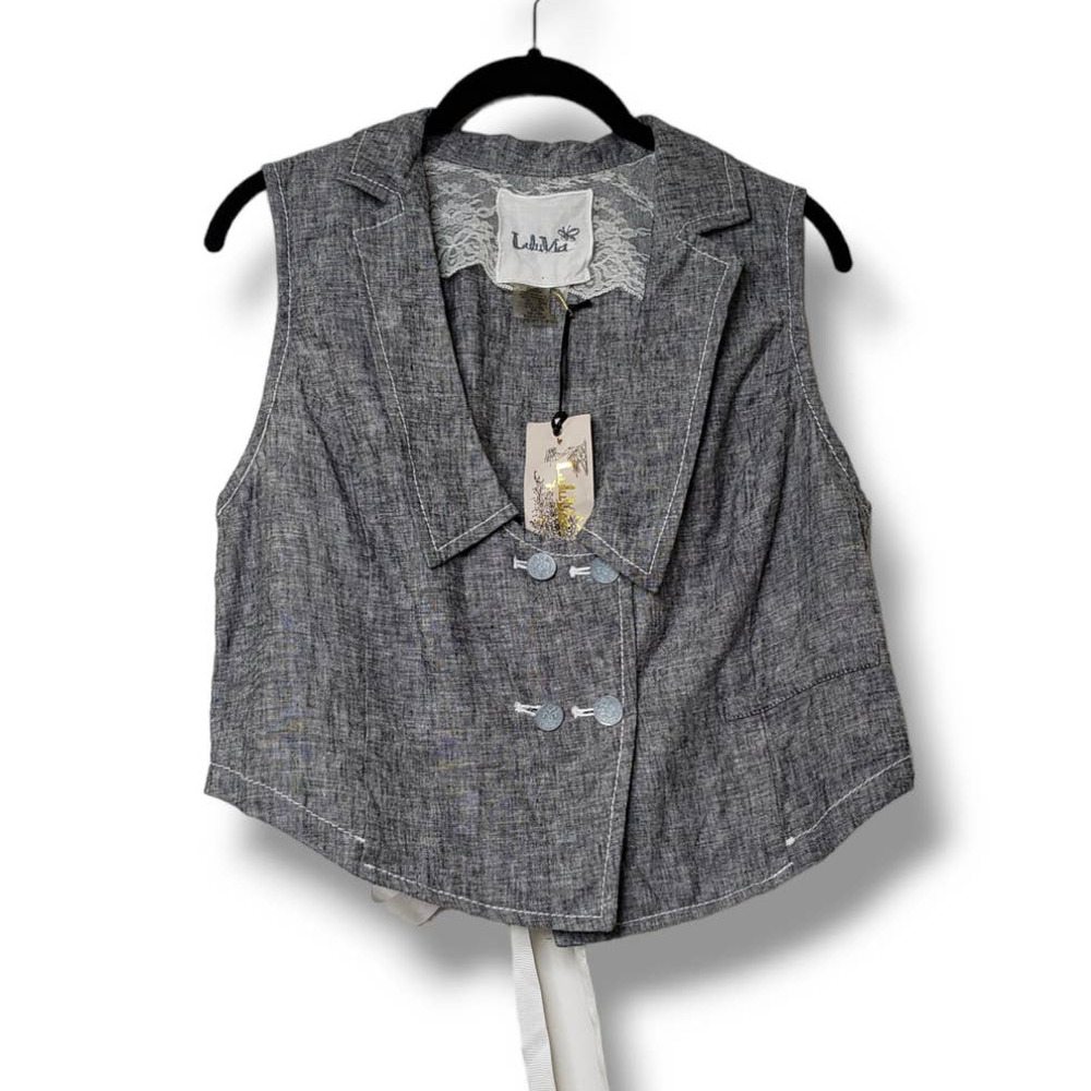 Luluvia Gray Linen Blend button front tie back Vest